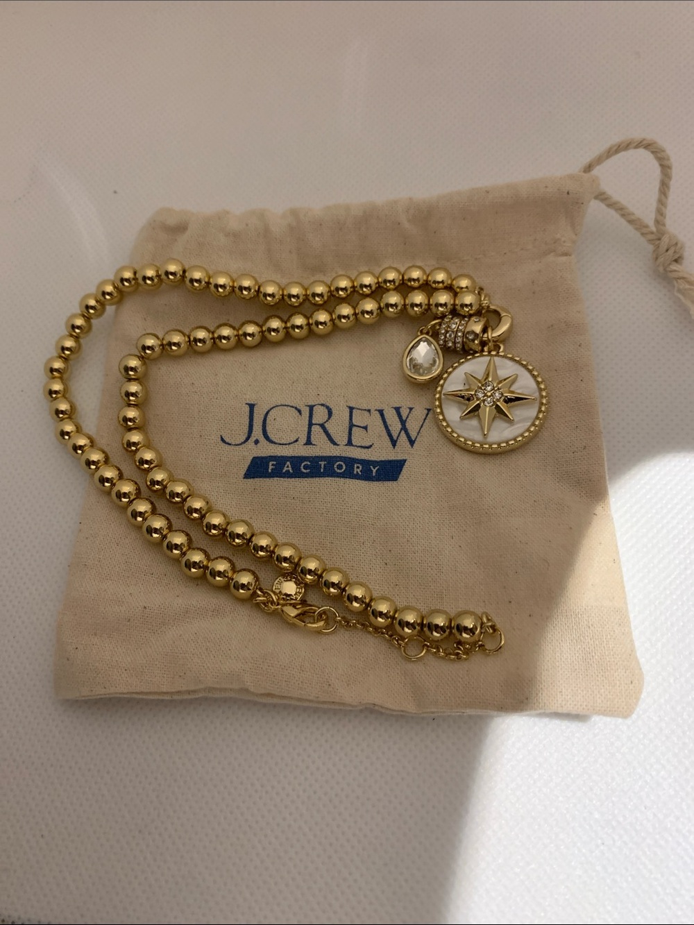 J. Crew Gold Double-Row Beaded Necklace with Compass Star Charm NEW